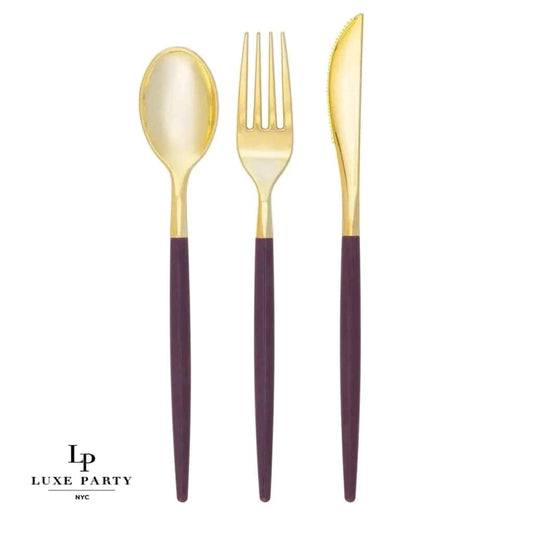 Purple and Gold Plastic Cutlery Set | 32 Pieces