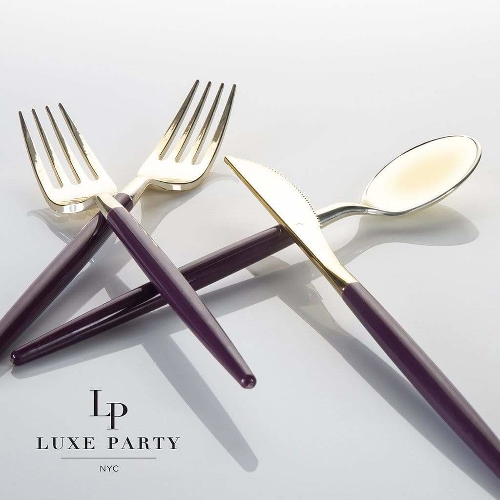 Purple and Gold Plastic Cutlery Set | 32 Pieces