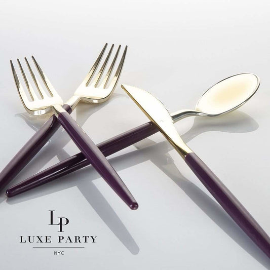 Purple and Gold Plastic Cutlery Set | 32 Pieces