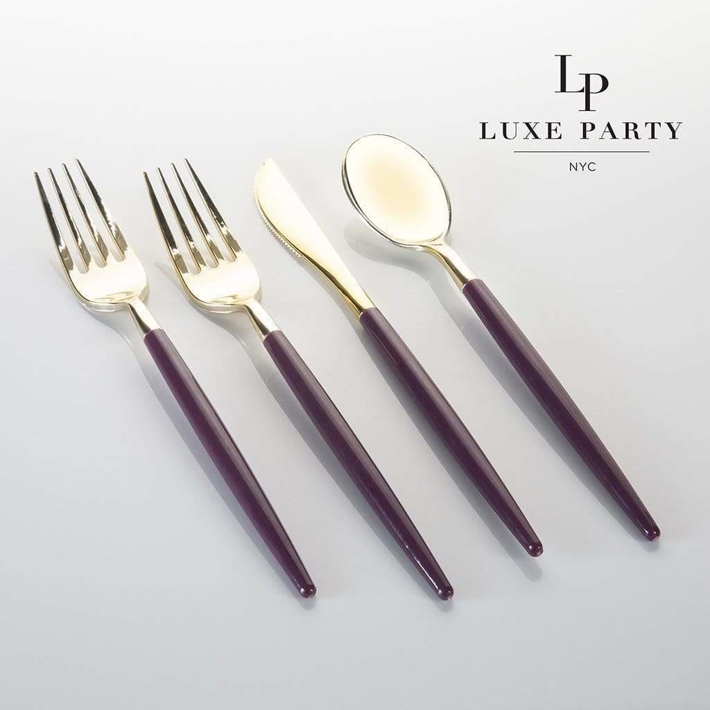 Purple and Gold Plastic Cutlery Set | 32 Pieces