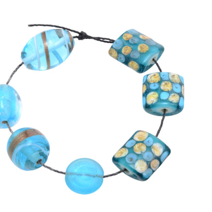 Turquoise Blue Lampwork Glass Bead Set - 7 Mixed Shape Beads with Copper Accents