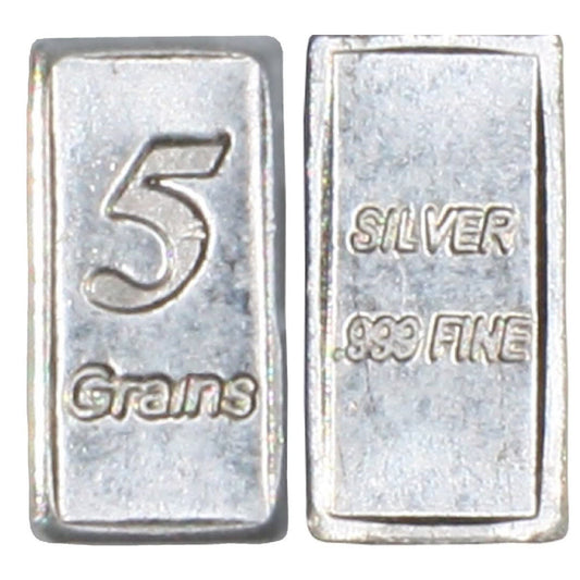 Juego de 5 barras de plata pura sólida – .999 fina, 5 granos cada una, más de 1 gramo en total