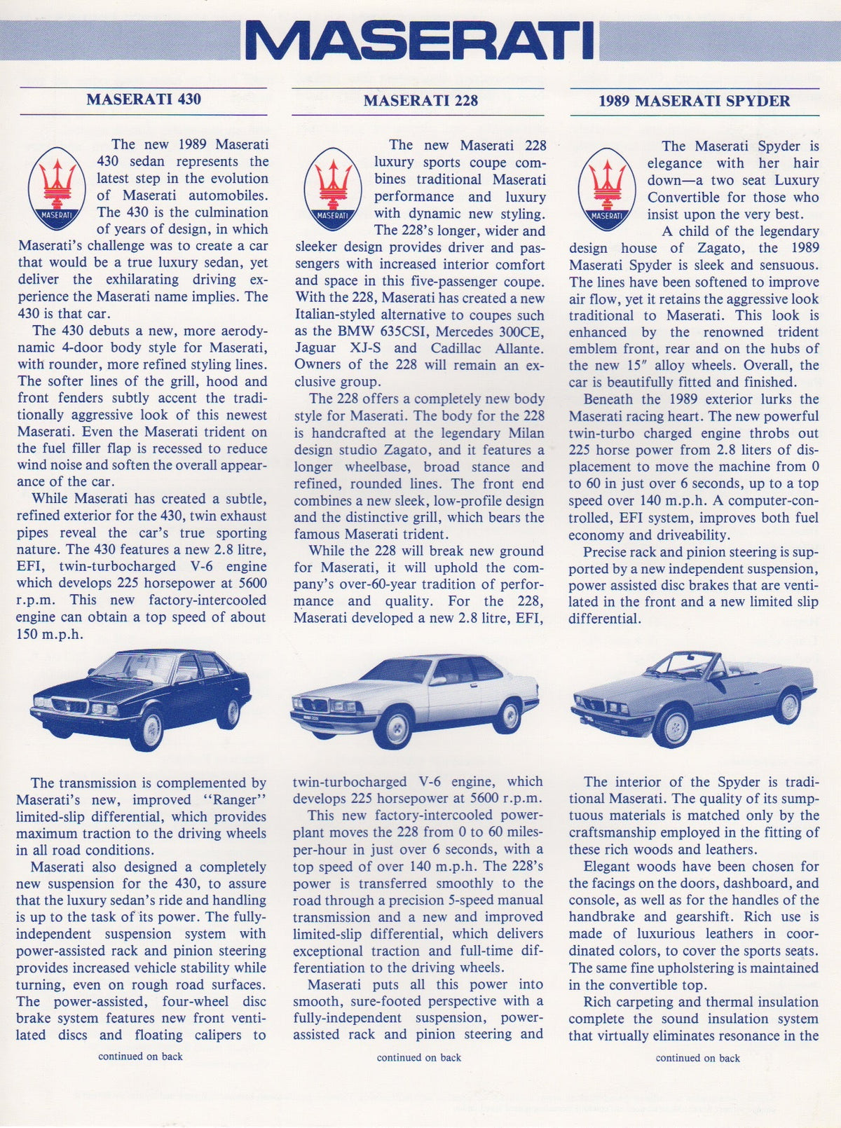 Maserati 1989 Line-up Spec-sheet Brochure