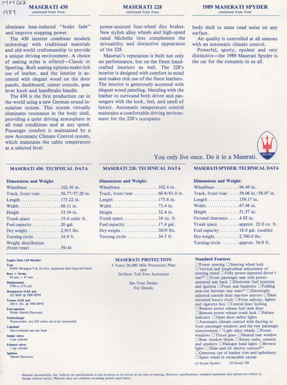 Maserati 1989 Line-up Spec-sheet Brochure