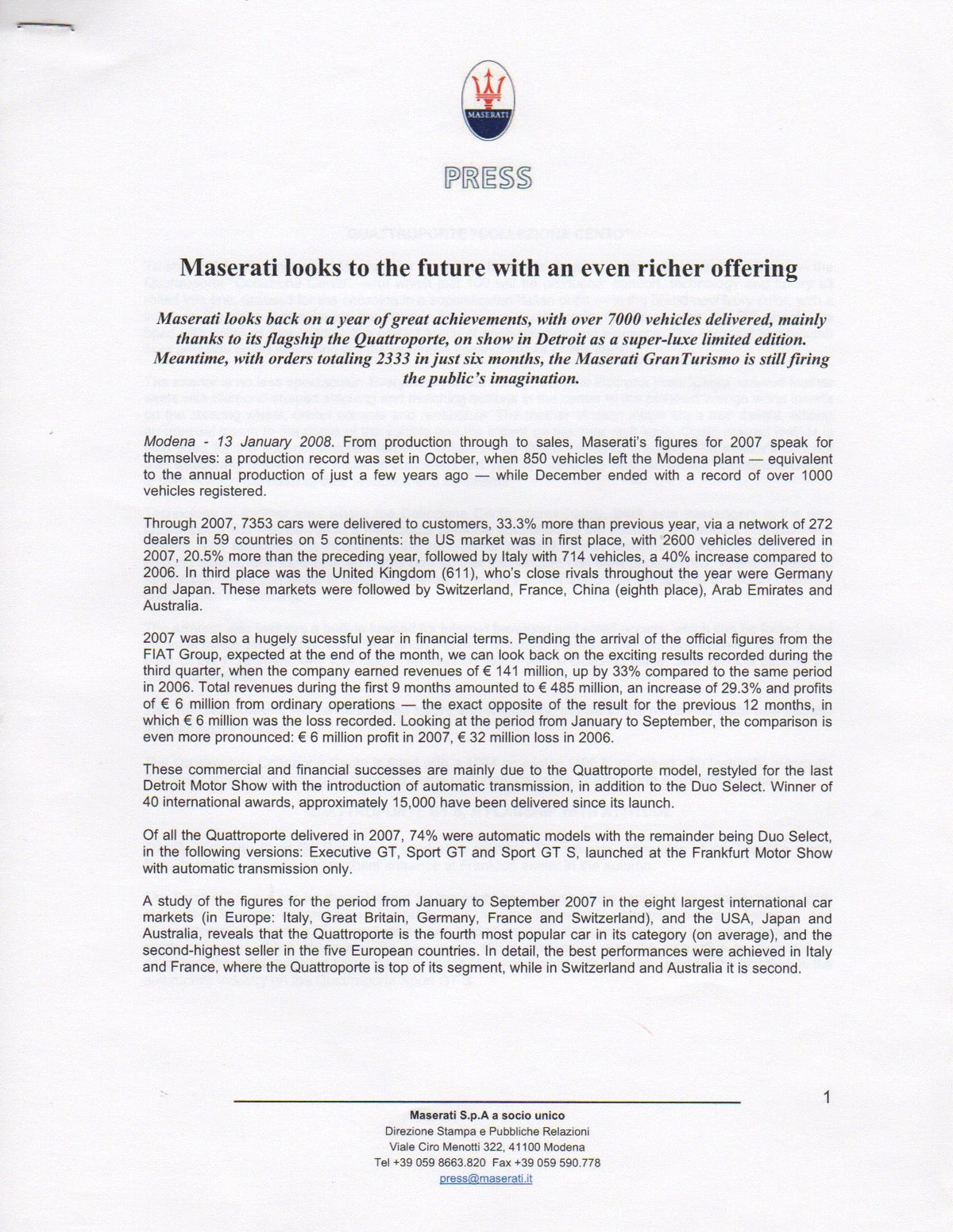 Maserati Press Kit 2008 Detroit NAIAS