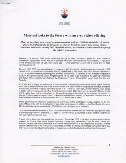 Maserati Press Kit 2008 Detroit NAIAS