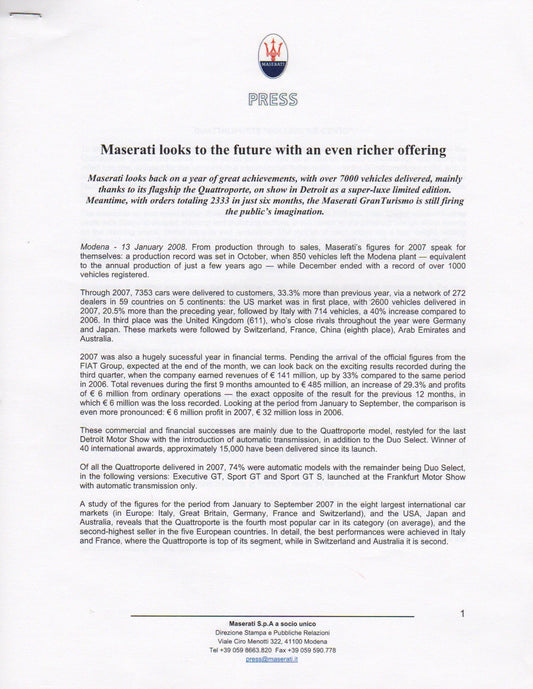 Maserati Press Kit 2008 Detroit NAIAS