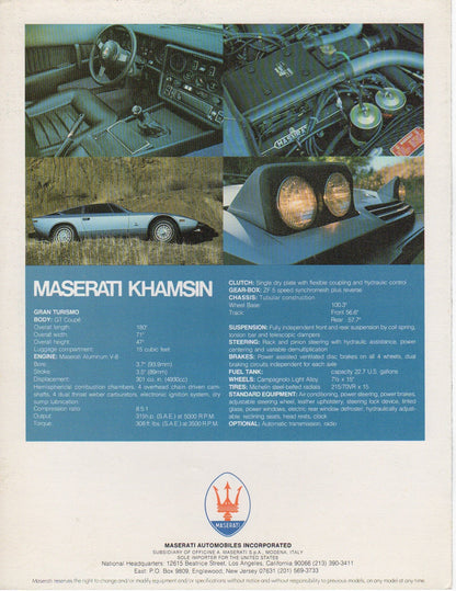 Maserati Khamsin (US Spec) Brochure