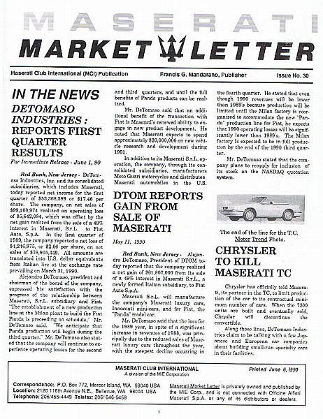 Maserati Market Letter 30