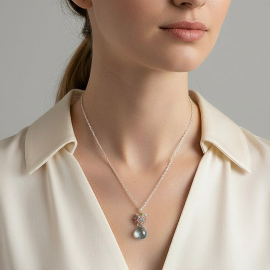 Aquamarine Quartz Silver Raindrop Cluster Necklace
