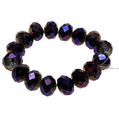 Czech Firepolished Glass Beads 16mm x 13mm Faceted Rondelles Metallic Black Rainbow AB - 16 Bead Strand