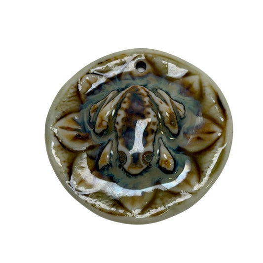 Ceramic Frog Carved Porcelain Pendant - 45mm Green Brown Focal Charm