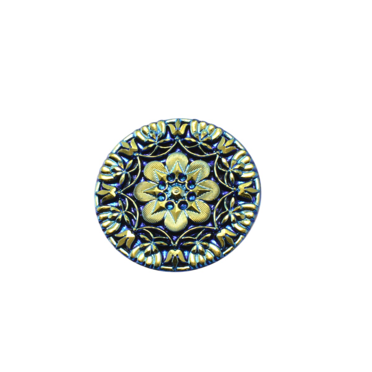 Vintage Czech Glass Dragonfly Button 37mm - Blue Gold Iridescent - Victorian Style Floral