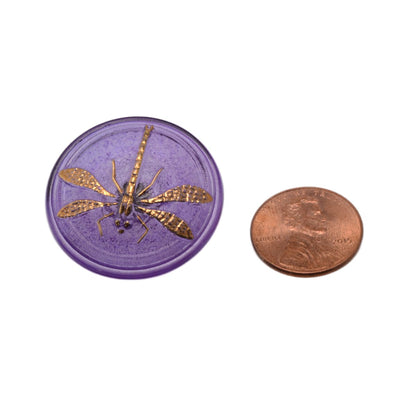 Czech Glass Dragonfly Button 31mm - Purple Lavender with Gold Foil Inlay