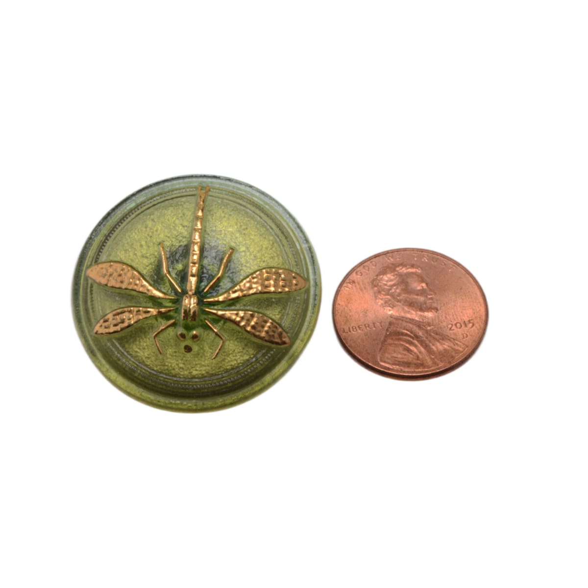 Czech Glass Dragonfly Button 31mm - Olive Green with Copper Highlights