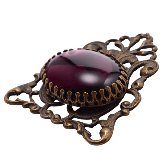 Vintage Art Deco Violet Glass Stone Brooch - 38x40mm Ornate Bronze Filigree Setting