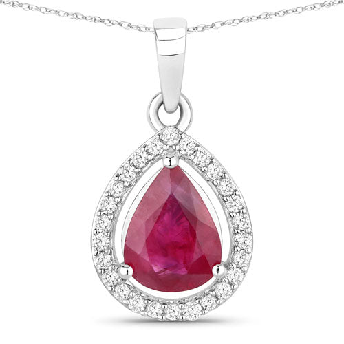 1.61 Carat Genuine Ruby and White Diamond 14K White Gold Pendant