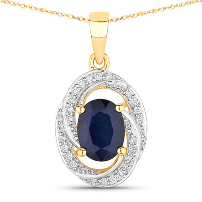 1.71 Carat Genuine Blue Sapphire and White Diamond 14K Yellow Gold Pendant