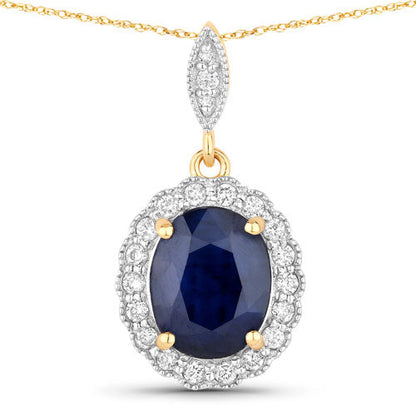3.38 Carat Genuine Blue Sapphire and White Diamond 14K Yellow Gold Pendant