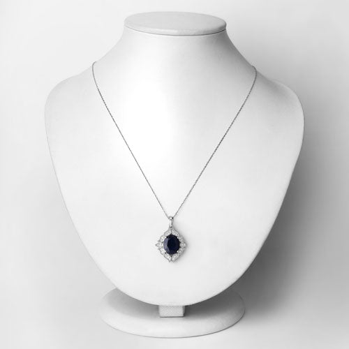 6.44 Carat Genuine Blue Sapphire and White Diamond 14K White Gold Pendant