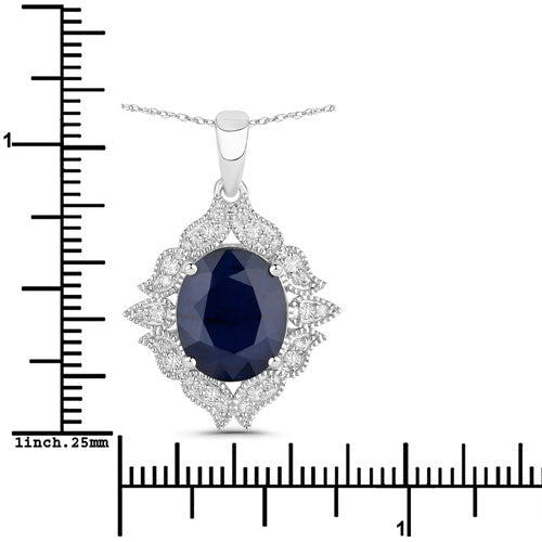 6.44 Carat Genuine Blue Sapphire and White Diamond 14K White Gold Pendant