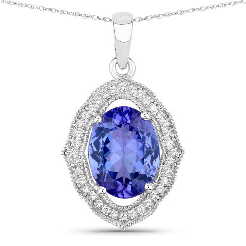 3.02 Carat Genuine Tanzanite and White Diamond 14K White Gold Pendant