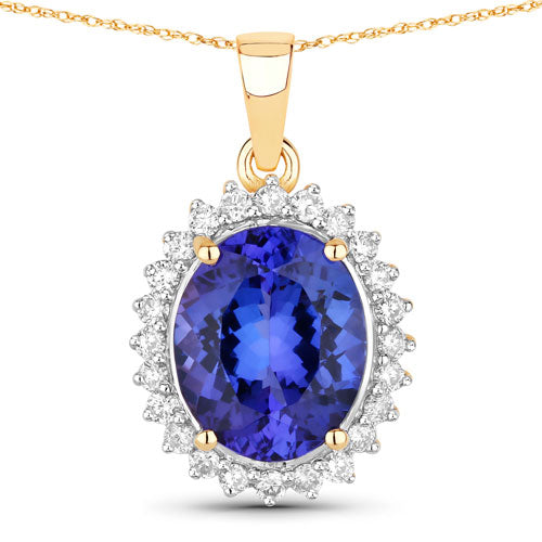 4.68 Carat Genuine Tanzanite and White Diamond 14K Yellow Gold Pendant