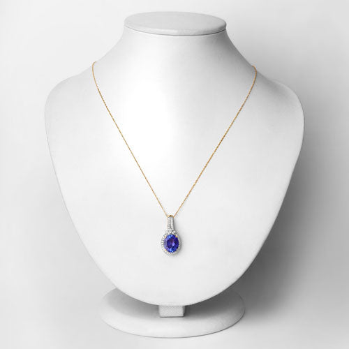 3.74 Carat Genuine Tanzanite and White Diamond 14K Yellow Gold Pendant