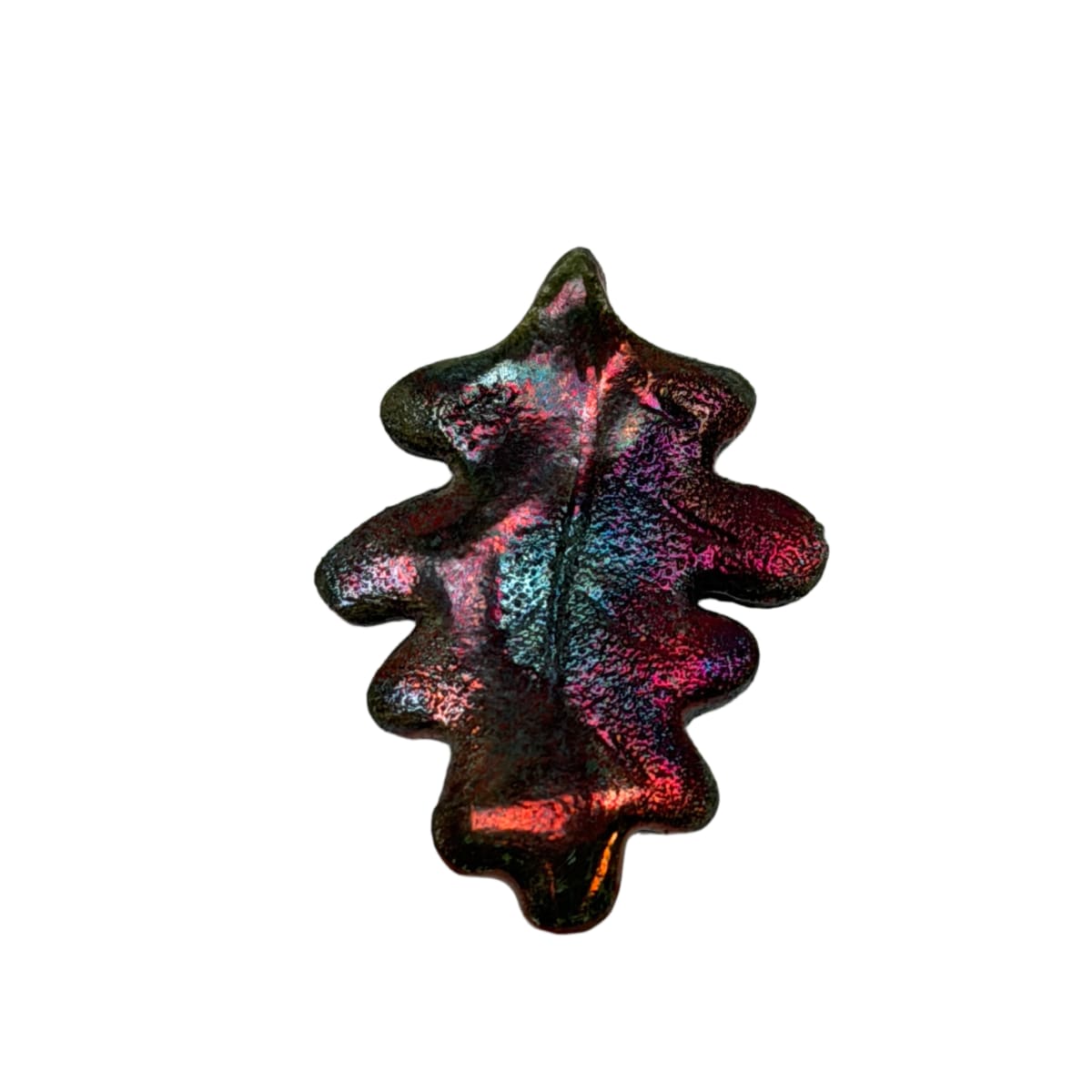 Raku Ceramic Leaf Pendant - Iridescent Rainbow Glaze, Artist Signed, 38mm Top Drilled