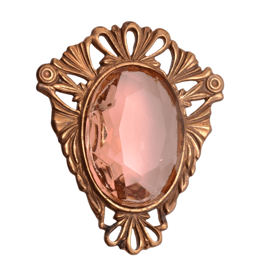 Vintage Style Base Metal Filigree Brooch with Pale Pink Faceted Glass Stone - 36x42mm