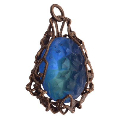 Vintage Style Blue Molded Glass Stone in Ornate Antique Copper Filigree Setting - 18x27mm Pendant