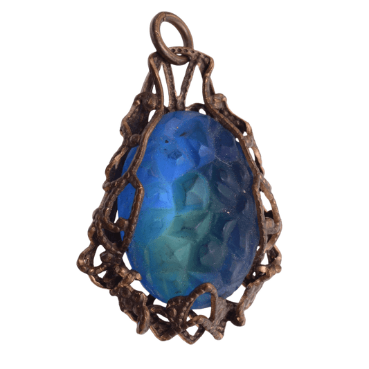 Vintage Style Blue Molded Glass Stone in Ornate Antique Copper Filigree Setting - 18x27mm Pendant
