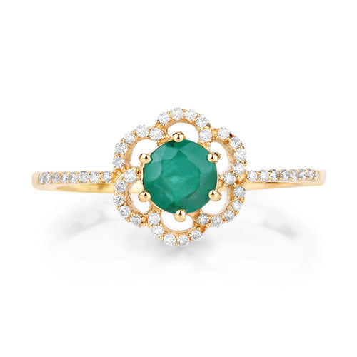 0.55 Carat Genuine Zambian Emerald and White Diamond 14K Yellow Gold Ring