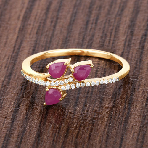 0.68 Carat Genuine Ruby and White Diamond 14K Yellow Gold Ring