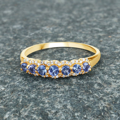 0.51 Carat Genuine Tanzanite and White Diamond 14K Yellow Gold Ring