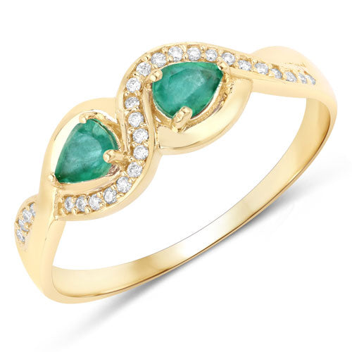 0.35 Carat Genuine Zambian Emerald and White Diamond 14K Yellow Gold Ring
