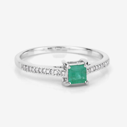 0.67 Carat Genuine Zambian Emerald and White Diamond 14K White Gold Ring