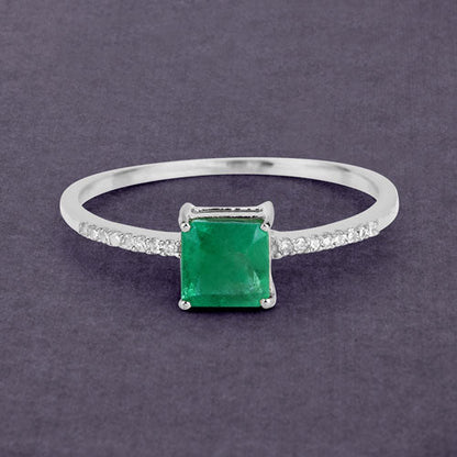 0.64 Carat Genuine Zambian Emerald and White Diamond 14K White Gold Ring