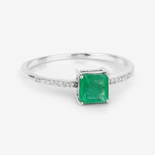 0.64 Carat Genuine Zambian Emerald and White Diamond 14K White Gold Ring