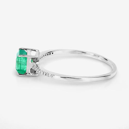 0.64 Carat Genuine Zambian Emerald and White Diamond 14K White Gold Ring