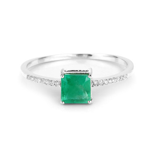 0.64 Carat Genuine Zambian Emerald and White Diamond 14K White Gold Ring