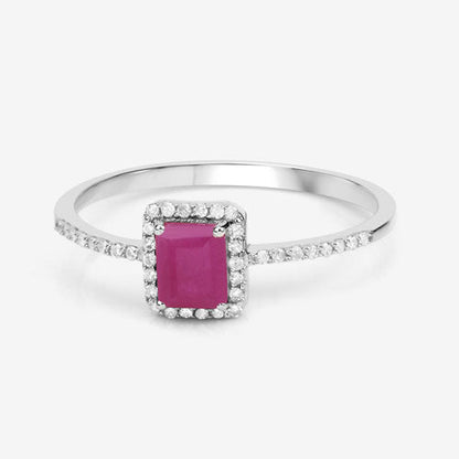 0.58 Carat Genuine Ruby and White Diamond 14K White Gold Ring