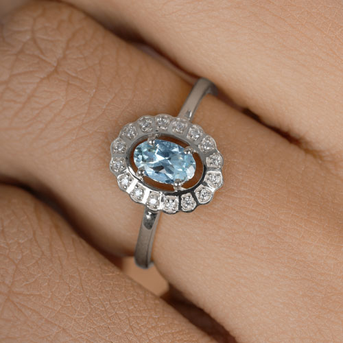 0.44 Carat Genuine Aquamarine and White Diamond 14K White Gold Ring