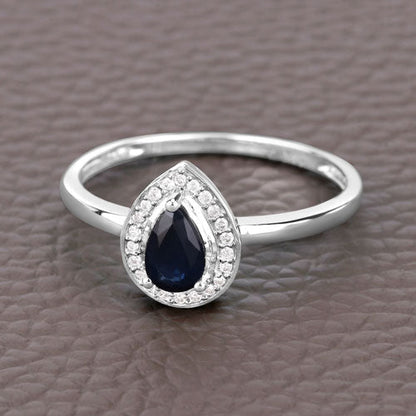 0.48 Carat Genuine Blue Sapphire and White Diamond 14K White Gold Ring