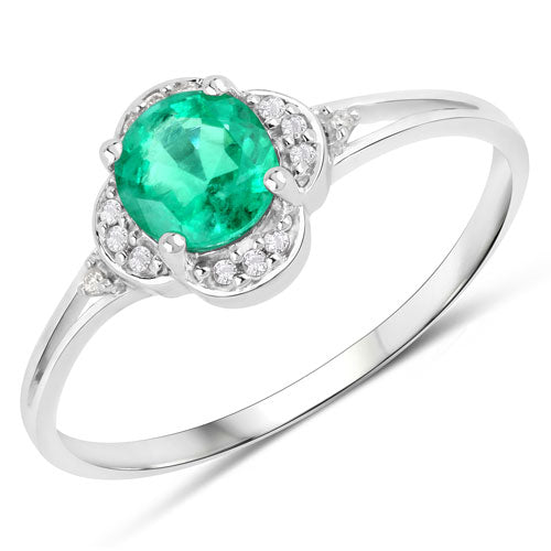 0.46 Carat Genuine Zambian Emerald and White Diamond 14K White Gold Ring