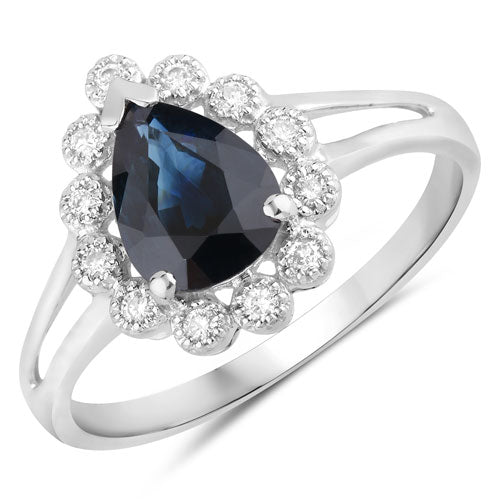 1.46 Carat Genuine Blue Sapphire and White Diamond 14K White Gold Ring