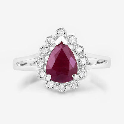 1.31 Carat Genuine Ruby and White Diamond 14K White Gold Ring