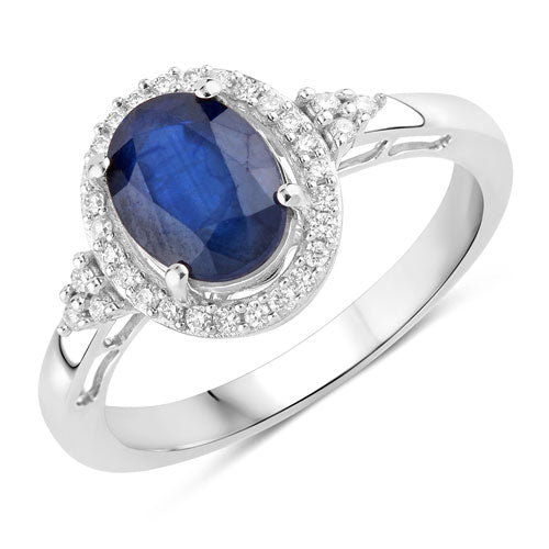 1.70 Carat Genuine Blue Sapphire and White Diamond 14K White Gold Ring