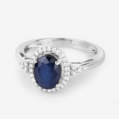 1.70 Carat Genuine Blue Sapphire and White Diamond 14K White Gold Ring