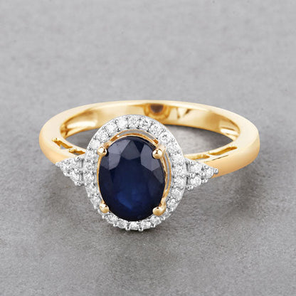 1.70 Carat Genuine Blue Sapphire and White Diamond 14K Yellow Gold Ring